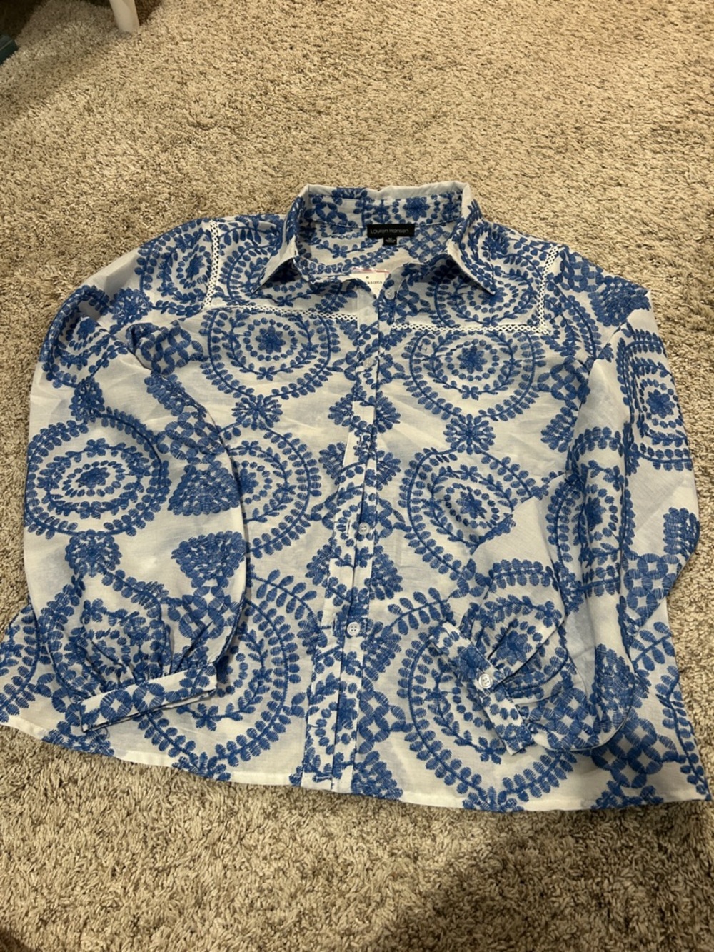 Lauren Hansen Versona Blue and White Embroidered Button-Up Shirt